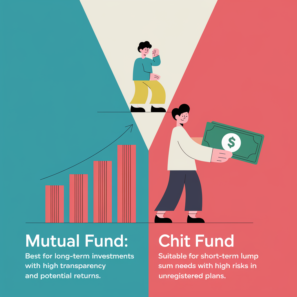 Two people are standing and showing the difference between a mutual fund and a chit fund.