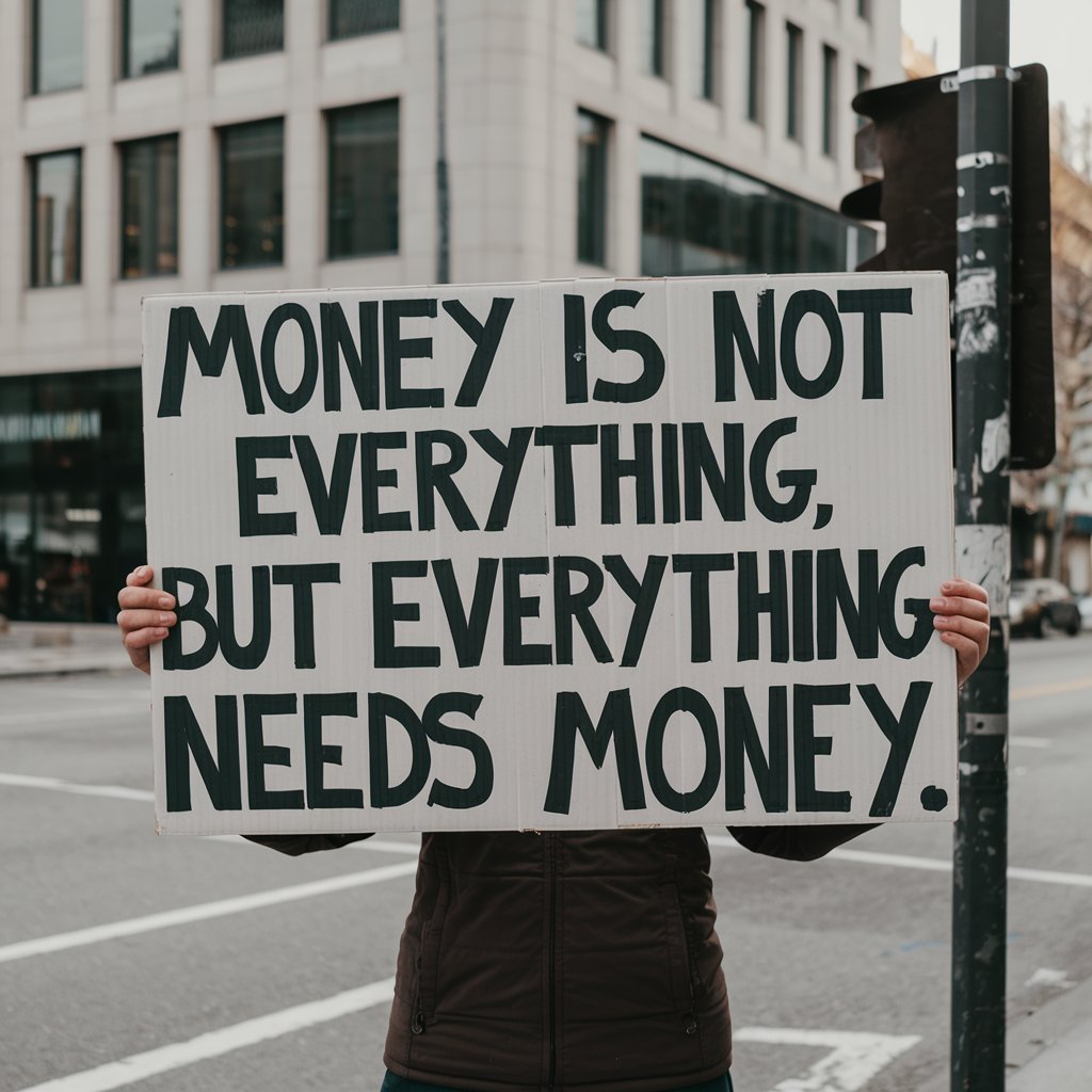 A person is holding a sign that reads: "Money is not everything, but everything needs money.