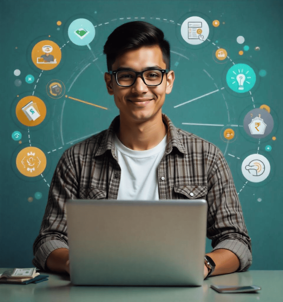 A young man is searching on his laptop for ways to earn 2000 rupees per day